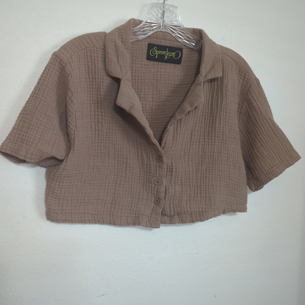 Spoon Jeans L Cotton Gauze Crop Cardigan Tan Boho Cottagecore Coastal